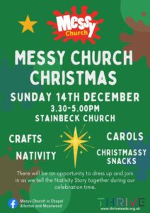 Messy Church Christmas Sunday 14th December 2025 3.30-5.00pm Stainbeck Church crafts, nativity, carols, Christmassy snacks.