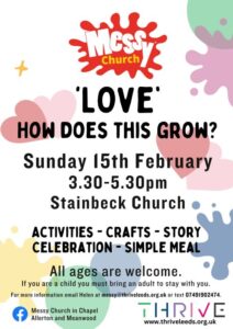 Messy Church poster Sunday 15th February 3.30-5.30pm Stainbeck Church